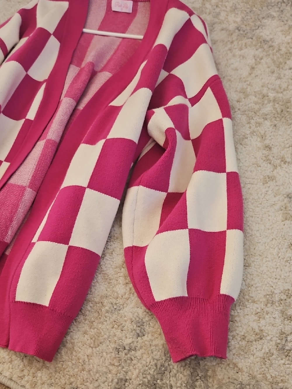 Pink Lily Pink & White Checkerboard Open-Front Cardigan - Picture 3 of 6